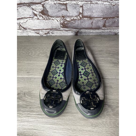 Tory Burch Channing Black Patent Leather Green Gray Canvas Ballet Flats Women 7M - Picture 2 of 16